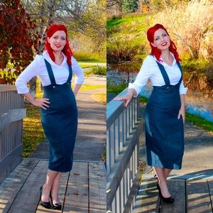 Vintage Repro Custom made pencil skirt with braces blue herringbone size Medium.